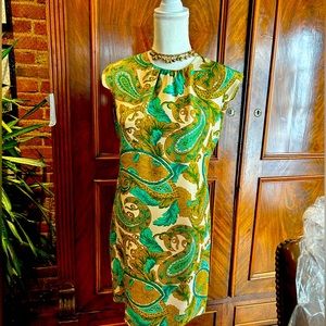 Milly brand paisley cocktail dress with cap sleeves and keyhole back